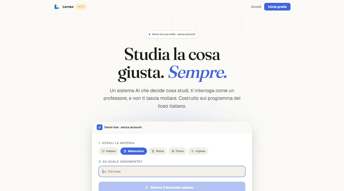 Lernex: la pagina iniziale