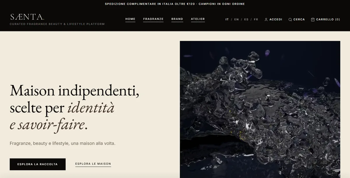 Saenta: la pagina iniziale dell'e-commerce di profumeria artistica